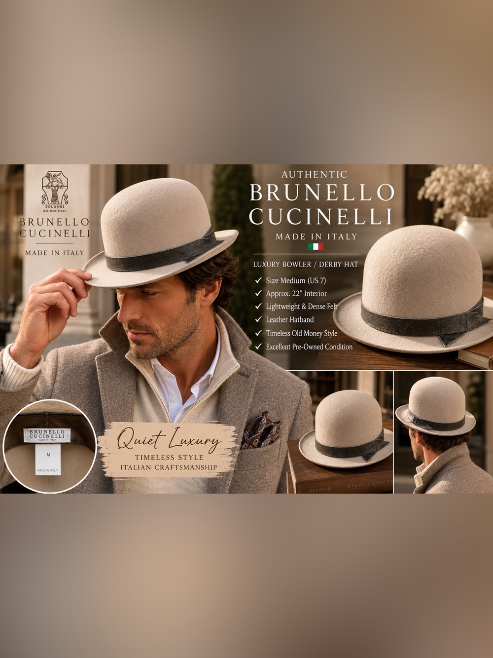 Brunello Cucinelli Made In Italy Beige Felt Bowler Hat Medium US 7 Unisex